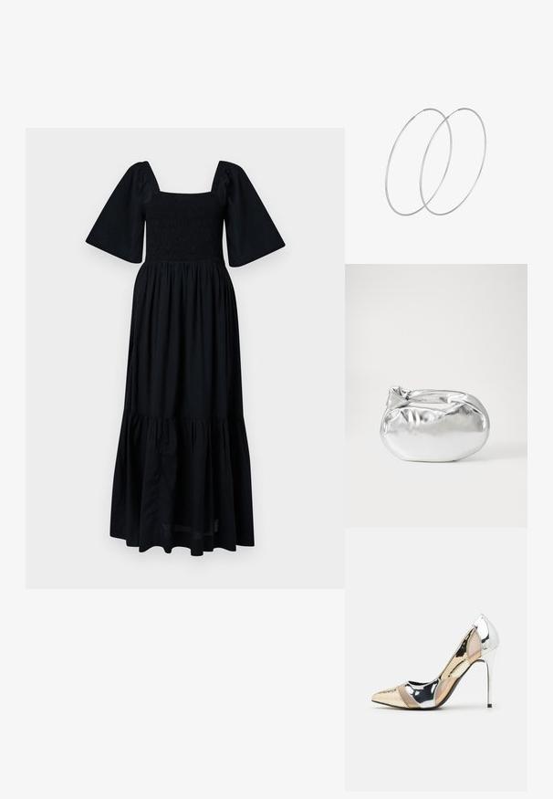 Melna maksi kleita ar kvadrātu izgriezumu, izsmalcinātu krūšu daļu un īsām pūkainām piedurknēm. Paplašinātā, vairāku kārtu apakšmalas piešķir apjomu un tekstūru. Viegls audums.; Apspīlēta augstpapēžu kurpe ar zeltītu, sudrabi un neitrālu krāsu kombināciju. Spīguļojoša virsma ar izgriezuma dizainu, aprīkota ar stiletto papēdi.; Sudraba metāliska poga somiņa ar mīkstu, noapaļotu formu un mezgla augšējo aizdari. Izgatavota no gludas mākslīgās ādas materiāla.; Sudraba gredzenveida auskari ar minimālistisku dizainu. Cirkulāra forma, gluda tekstūra un plāns profils. Vieglu svaru ar spīdīgu apdari.