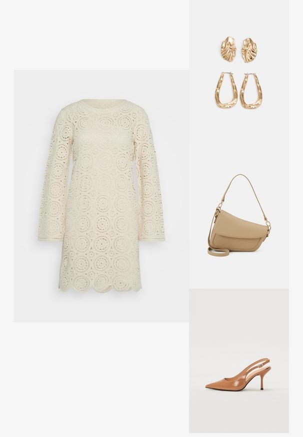 Witte gehaakte jurk met cirkelvormige patronen, lange mouwen, een ronde halslijn en een golvende zoom. Gelaagd, lichtgewicht en open ontwerp.; Puntige slingback hak in een glad, glanzend beige materiaal. Bevat een gebogen uitsnijdontwerp en een slanke stiletto hak. Zilveren gesp detail.; Even&Odd Handtas - beige; Gouden oorbellen met een getextureerd, golvend ontwerp. Bevat sculpturale clip-on studs en een open ringontwerp met een gehamerd oppervlak.