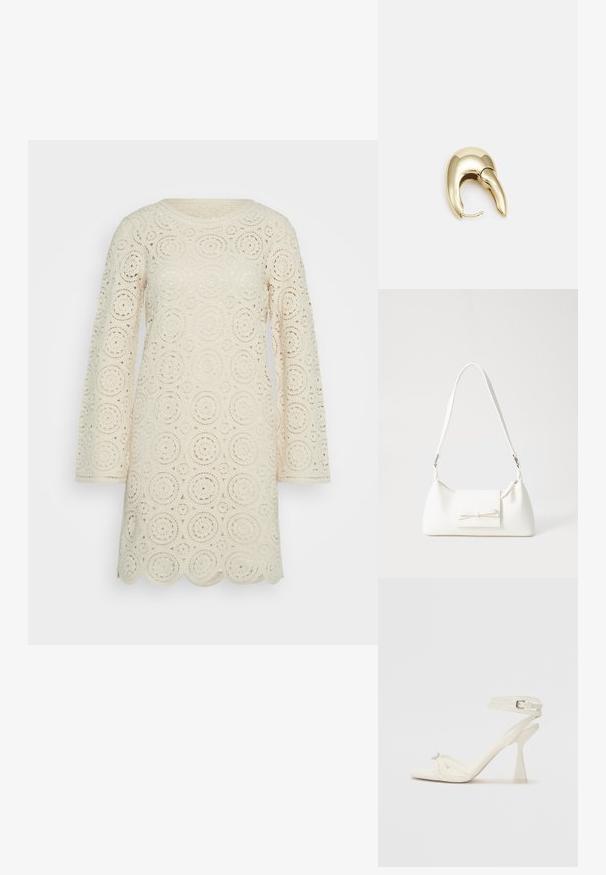 Bela kvačkana obleka s krožnimi vzorci, dolgimi rokavi, okroglim izrezom in valovitim robom. Tekstura, lahka in odprta zasnova.; Sandal z visoko peto z naramnicami v beli usnjeni izvedbi s popolnim dizajnom, prozorno blok peto in dekorativnim elementom na prstih.; Bela sintetična torbica v obliki trikotnika, z ravnim sprednjim poklopcem in detajlom mašne, nastavljivim trakom, gladko teksturo in minimalističnim dizajnom.; Uhane nakit iz zlatastega tona z gladko, ukrivljeno zasnovo. Ima edinstveno koničasto obliko, polirano površino in zaponko s tečajem.