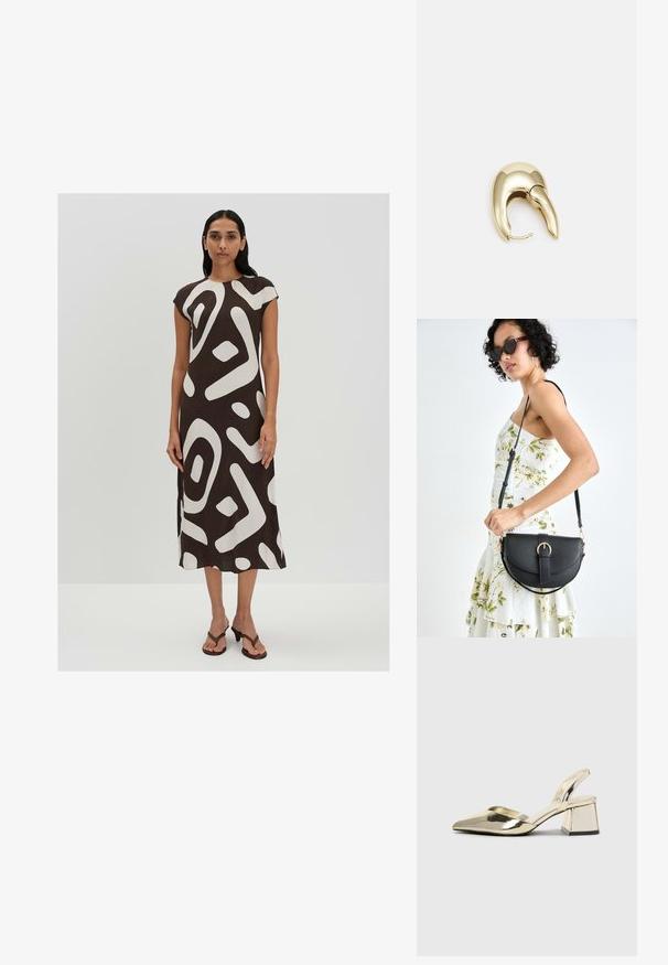 Braunes Midi-Kleid mit weißem abstraktem Muster, kurzen Ärmeln, runder Halslinie und geschwungener Saumlinie. Das Modell kombiniert es mit braunen Riemchensandalen.; Goldene, metallische Slingback-Absätze mit spitzem Zeh und dicker Ferse. Glatte Textur, minimalistisches Design und ein schmaler Riemen.; Schwarze Lederhandtasche mit geschwungener Form, abnehmbarem Tragegurt und goldenen Beschlägen. Die Tasche verfügt über einen Deckel mit einer Schnallen-Details.; Ohrringe aus goldfarbenem Metall mit einem schlanken, geschwungenen Design. Sie verfügen über eine markante, spitze Form, eine polierte Oberfläche und einen Scharnierverschluss.