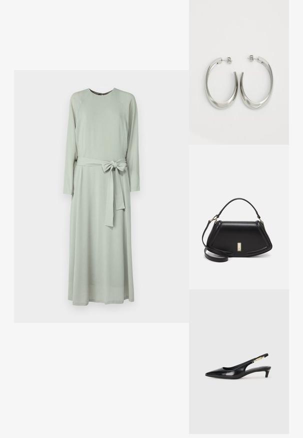 Pitkähihaista mekkoa pehmeässä vihreässä kankaassa, jossa on pyöreä kaula-aukko, vyötäröllä vyö, jossa on nauha, ja ilmava siluetti.; Mustat nahkaiset slingback-korkokengät, joissa on terävä kärki, ohuet korot ja kultasävytteinen yksityiskohta säädettävässä hihnassa. Silkkinen pinta.; Mustalla nahkalaukulla, jossa on jämäkkä muotoilu, lyhyt malli, yläkahva ja kultaiset yksityiskohdat. Säädettävä olkahihna sisältyy.; Hope hopeista, joissa on sileä, kaareva muotoilu. Varustettu kiiltävällä metallipinnoitteella ja nappikiinnityksellä. Ei näkyviä kuvioita tai koristeluja.