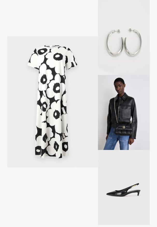 Rochie cu imprimeu floral alb-negru, cu mâneci scurte, decolteu rotund și un design fluid. Confecționată dintr-un material ușor.; Sandale slingback din piele neagră cu vârf ascuțit, având un toc subțire și un accent de culoare aurie pe curea ajustabilă. Textură netedă.; Jachetă din piele neagră cu închidere cu nasturi și două buzunare frontale, asortată cu o geantă de mână neagră matlasată, care dispune de un închizător aurie și un brâu din lanț.; Cercei din argint, cu un design neted și curbat. Prezintă o finisare metalică strălucitoare și închidere cu stud. Fără modele sau accente vizibile.
