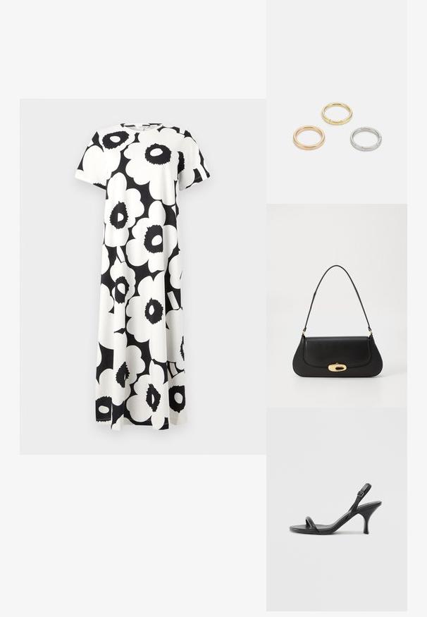 Mustvalge lilleline mustriga kleit lühikeste varrukatega, ümmarguse kaelusega ja voolava disainiga. Valmistatud kergest kangast.; Mustad nahast kõrgete kontsadega sandaalid, millel on saledad, kõverad kontsad ja ristatud rihma disain. Reguleeritav pahkluu rihm. Sile tekstuur.; Mustroone nahast käekott kaarjate vormidega, kuldse tooni detailide ja ülemise käepideme ning sujuva sulgemise ja sileda tekstuuriga.; Kolme metallist rõngast: üks roosa kuld, üks kuld tekstuursete aktsentidega ja üks hõbe, kõik sisepoolt graveeritud brändinguga.