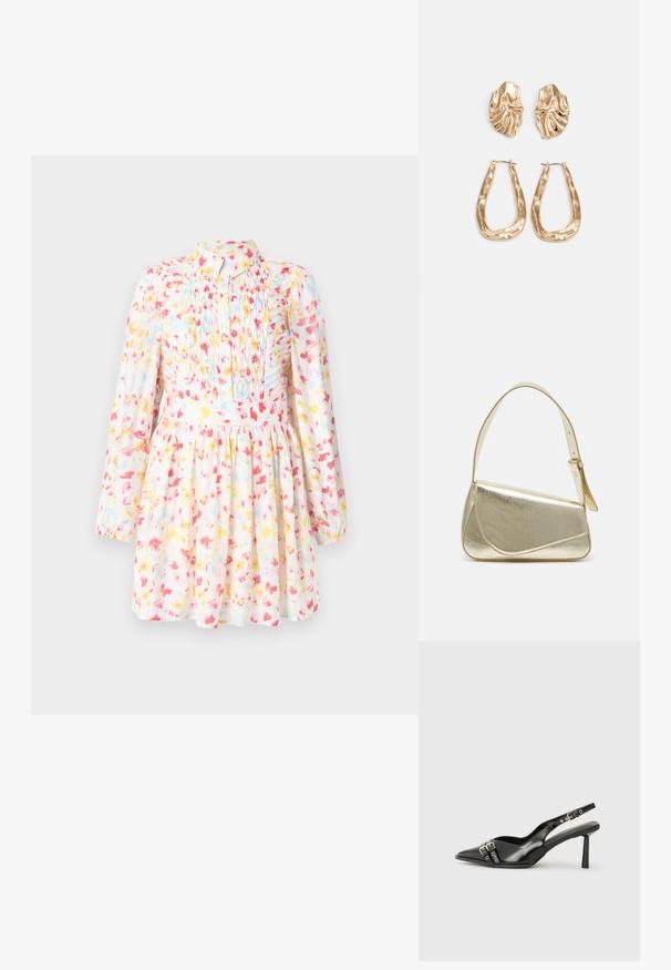 Rochie lungă cu mâneci, dintr-un material ușor, având culori precum roz, galben și albastru. Croiala strânsă la bust și detaliile pliate îmbunătățesc designul acesteia.; Pantofii slingback din piele lăcuită neagră, cu vârf ascuțit, bretele pentru gleznă cu catarame și accesorii din argint, și un toc subțire.; Geantă de umăr metalică aurie cu un design structurat, textură netedă și curea reglabilă. Prezintă o formă triangulară unică și cusături minimaliste.; Cercei aurii cu forme texturate și ondulate. Include studs sculpturale cu clip și un design de cerc deschis cu un finisaj cioplit.