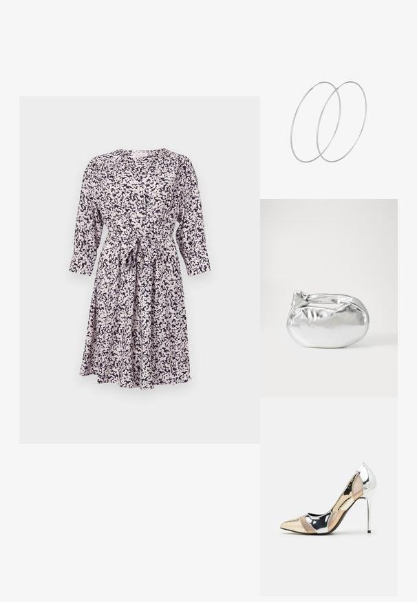 Oblačilo z rožnatim vzorcem v svetli barvi z mornarsko modrimi dodatki, dolgi rokavi, sprednje zapenjanje s gumbi in pasna podrobnost z zavezovanjem. Mehek, lahek material.; Čevlji z visoko peto in konico, v barvni kombinaciji srebrne, zlate in nude. Sijajna obdelava z izrezljanim dizajnom, z igličasto peto.; Srebrna kovinska torbica z mehko, zaobljeno obliko in zavezano zgornjo zaporo. Narejena iz gladkega umetnega usnja.; Srebrne uhane v obliki obroča z minimalističnim dizajnom. Krožna oblika, gladka tekstura in tanek profil. Lahki s poliranim zaključkom.