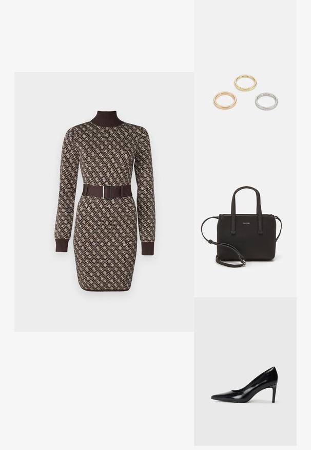 Neulemekko ruskeana, jossa on toistuva kerma-aita kuvio, pitkät hihat, korkea kaulus ja yhteensopiva vyö suorakulmaisella soljella vyötäröllä.; Mustat nahkakengät korkealla korolla, terävä kärki, sileä pinta ja kapeneva korko. Minimalistinen muotoilu, ei ylimääräisiä koristeita.; Musta käsilaukku, jossa on kaksinkertaiset lyhyet kahvat ja irrotettava olkahihna. Silkkinen nahkatunneinen materiaali, jossa on vetoketjukiinnitys ja logoyksityiskohta.; Kolme metallirengasta: yksi ruusukultainen, yksi kultainen teksturoiduilla yksityiskohdilla ja yksi hopeinen, kaikki kaiverretulla brändäyksellä sisäpuolella.
