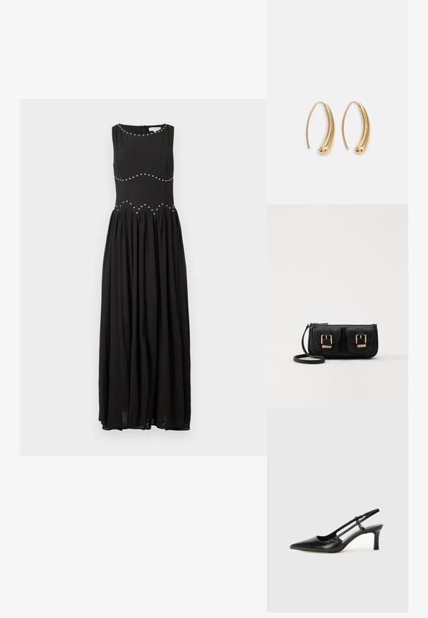 Svart maxi kjole med tettsittende overdel, rund halslinje og rynket skjørt, med sølvstifter i et bølgete mønster langs midjen.; Sorte patent slingback hæl med spids tå, featuring tekstureret slangeskind, justerbar rem og en kort, tekstureret blokhæl.; Svart skinn crossbody veske med to frontlommer, gyldne spenner, glidelåslukking og en slank stropp. Teksturert overflate og kompakt rektangulær form.; Gullfargede metalløredobber med en buet, forlenget form. Har en jevn, blank overflate og en avrundet tupp for ekstra detaljer.