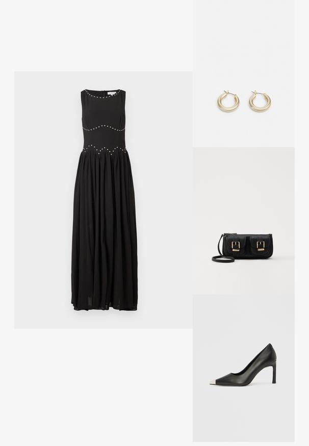Czarna sukienka maxi z dopasowanym gorsetem, okrągłym dekoltem i marszczoną spódnicą, ozdobiona srebrnymi ćwiekami w falistym wzorze wzdłuż talii.; Czarny skórzany but na wysokim obcasie z ostrym noskiem i metaliczną srebrną nasadką. Posiada gładkie wykończenie i smukły obcas o wysokości 10 cm.; Czarna skórzana torba na ramię z dwoma przednimi kieszeniami, złotymi klamrami, zamkiem błyskawicznym i cienkim paskiem. Teksturowana powierzchnia i kompaktowy prostokątny kształt.; Lauren Ralph Lauren BASIC SMALL HOOP - Kolczyki