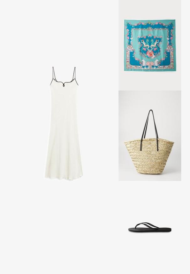 Witte midi-jurk met dunne bandjes, v-hals en een aansluitende lijfje. Heeft zwart accent langs de halslijn en zoom, gemaakt van zachte stof.; Zwarte flip-flop met een gestructureerde rubberen zool, twee slanke banden en een subtiele, ingedrukte logo-detail op de band.; Turquoise zijden sjaal met ingewikkelde mariene thema's, waaronder zeemeerminnen, schelpen en koraal, omzoomd met een decoratieve rand.; Gevlochten stro tote bag met een brede, taps toelopende vorm, voorzien van twee zwarte leren handvaten. Natuurlijke beige kleur met een gestructureerd oppervlak.