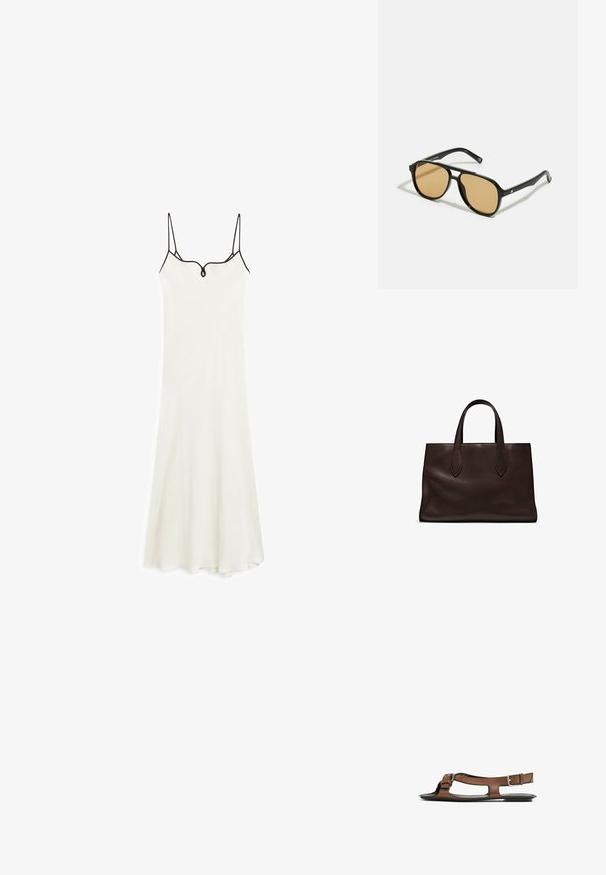 White midi dress with thin straps, v-neckline, and a fitted bodice. Features black trim along the neckline and hem, made from soft fabric.; Brown leather sandal with an open toe and side cutouts. Features an ankle strap with a metal buckle and a flat sole.; Black sunglasses with brown tinted lenses; rectangular shape with a thick frame, including subtle hardware accents on the temples.; Brown leather tote bag with two elongated handles, structured rectangular shape, smooth texture, and subtle stitching details.