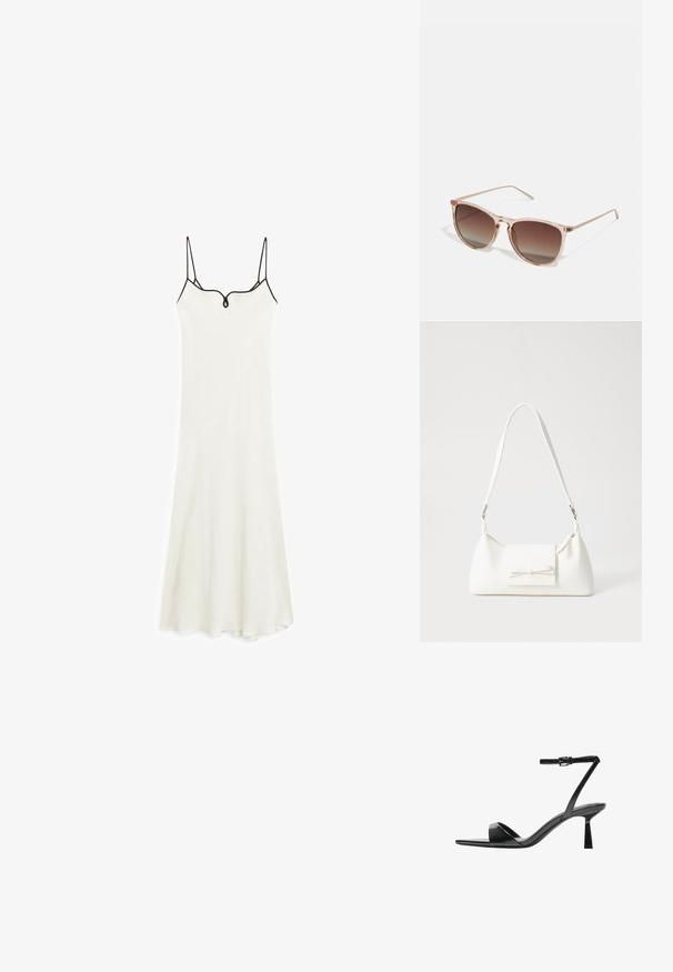 Witte midi-jurk met dunne bandjes, v-hals en een aansluitende lijfje. Heeft zwart accent langs de halslijn en zoom, gemaakt van zachte stof.; Bershka Sandalen met hoge hak - black; Bruine gradient zonnebril met een doorzichtig roze montuur, vierkante vorm en dunne metalen armen. Heeft afgeronde hoeken en minimale details.; Witte synthetische handtas met een driehoekige vorm, platte voorklep en strikdetail, verstelbare schouderriem, gladde textuur en minimalistisch ontwerp.
