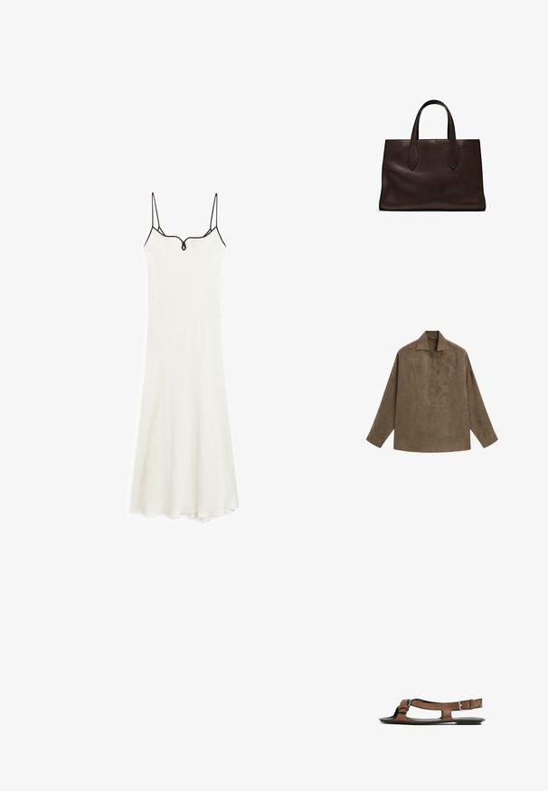 Biała sukienka midi z cienkimi ramiączkami, dekoltem w kształcie litery V i dopasowanym gorsetem. Posiada czarne wykończenie wzdłuż dekoltu i dołu, wykonana z miękkiego materiału.; Brązowa zamszowa koszula typu pulower z klasycznym kołnierzykiem, długimi rękawami oraz zaszewką z przodu. Gładka faktura z subtelnym połyskiem.; Brązowe skórzane sandały z otwartym palcem i wycięciami po bokach. Posiadają pasek na kostkę z metalową klamrą oraz płaską podeszwę.; Brązowa skórzana torba tote z dwoma wydłużonymi uchwytami, usztywnionym prostokątnym kształtem, gładką teksturą i subtelnymi detalami przeszycia.