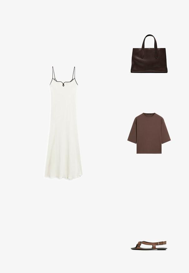 Weißes Midi-Kleid mit dünnen Trägern, V-Ausschnitt und figurbetontem Oberteil. Verfügt über schwarzen Besatz entlang des Ausschnitts und des Saums, hergestellt aus weichem Stoff.; Braunes, kurzes T-Shirt mit rundem Halsausschnitt, kurzen Ärmeln und einer weichen Textur. Entworfen mit einem lässigen Schnitt und minimalen Details.; Braune Leder-Sandale mit offener Zehenpartie und seitlichen Ausschnitten. Sie verfügt über einen Knöchelriemen mit einer metallischen Schnalle und eine flache Sohle.; Braune Ledertasche mit zwei langen Griffen, strukturierte rechteckige Form, glatte Textur und dezente Nähdetails.