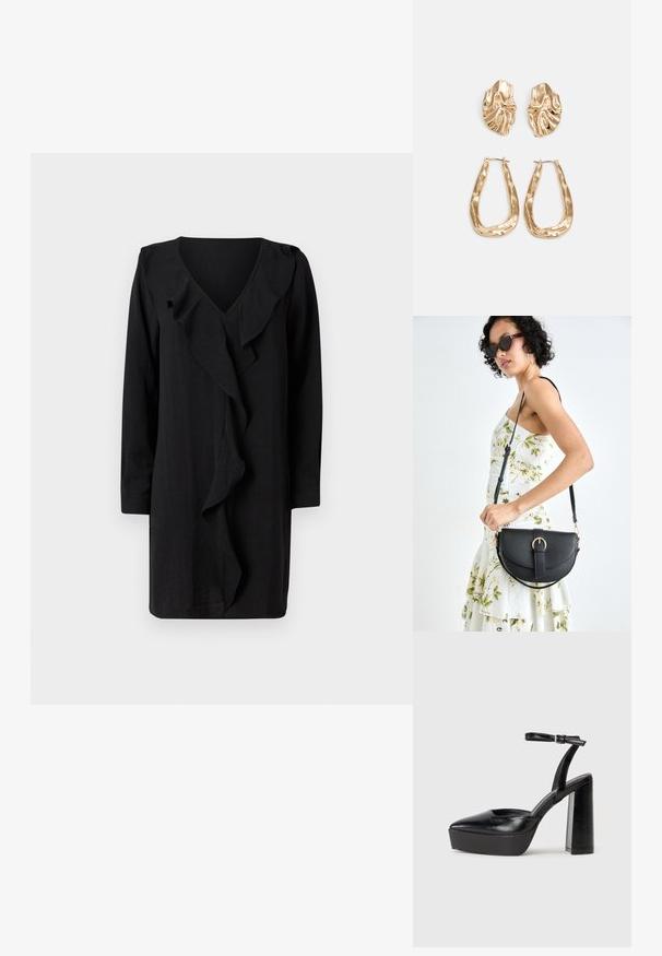 Vestido preto com decote em V e detalhe frontal de babados. As mangas longas e o corte solto realçam a sua elegância casual. Textura suave.; Saltos altos pretos com bico fino e atilho ajustável no tornozelo. Confeccionados em couro suave, apresentam um salto bloco robusto.; Bolsa de couro preta com forma curva, alça destacável e detalhes em dourado. A bolsa possui uma aba com detalhe de fivela.; Brincos em tom de ouro com formas onduladas e texturizadas. Inclui studs escultóricos com presilha e um design de argola aberta com um acabamento martelado.