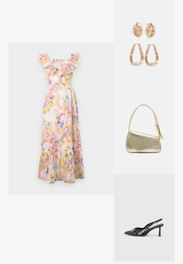 Blomstrete maxikjole med volangerm, med en smocket midje, i pastellfarger av rosa, blå og gul. Laget av lett stoff.; Sorte patentlær slingback-sko med spiss tå, ankelremmer med sølvspenner og detaljer, og en slank hæl.; Gullfarget metallisk håndveske med en strukturert design, glatt tekstur og justerbar stropp. Har en unik trekantet form og minimalistisk søm.; Gullfargede øredobber med teksturerte, bølgete former. Inkluderer skulpturelle klipsstuds og åpen hoop-design med en hamret finish.