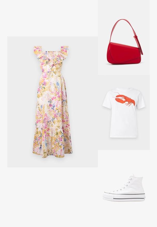 Vestido maxi floral com mangas plissadas, apresentando um corpete franzido, em cores pastel de rosa, azul e amarelo. Feito de tecido leve.; Camiseta de algodão branca com um grande gráfico de lagosta vermelha brilhante na frente. Mangas curtas e design de gola redonda padrão.; Sapatilha alta de tela branca com sola de borracha preta, bico de borracha na frente e seis ilhós para os atacadores, apresentando um design limpo e minimalista.; Bolsa de mão em couro vermelho com um design angular e geométrico. Apresenta uma única alça ajustável e um fecho com aba, com detalhes cosidos.