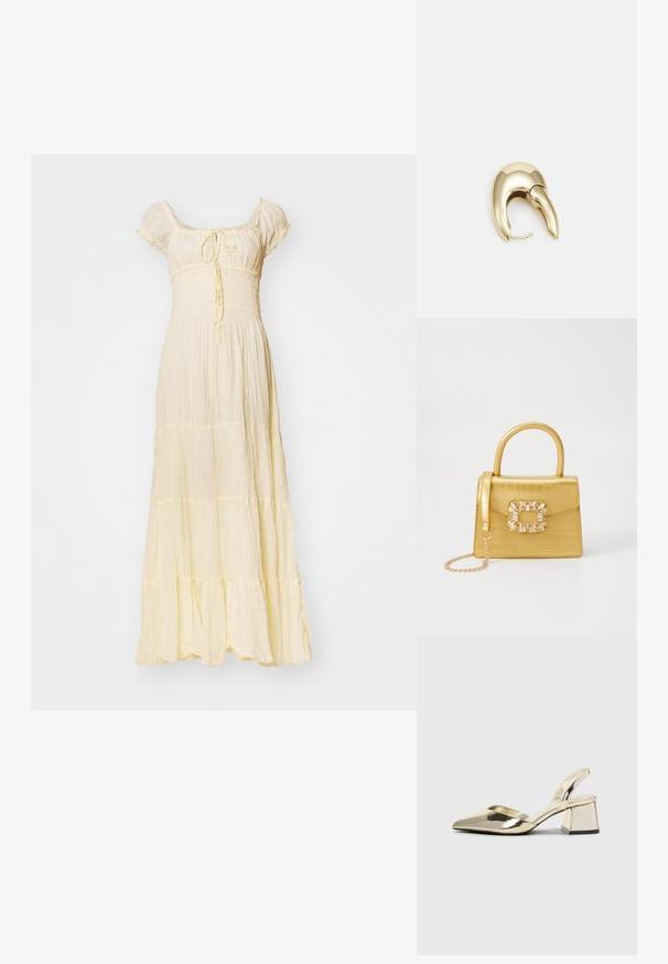 Maksikleita gaiši dzeltenā krāsā, izgatavota no krunkota auduma. Tam ir īsas pūkainas piedurknes, slīpēts bodijs, sasienama priekšpuse un pakāpeniska apakšmala.; Zeltaini, metāla kurpes ar siksniņām, norakans purngalis un masīla papēdis. Gluda tekstūra, minimālisma dizains un šaura siksna.; Dzeltena mākslīgā krokodila roku soma ar strukturētu dizainu, augšējo rokturi, noņemamu ķēdes siksniņu un dekoratīvām kristāla rotājumiem aizdares daļā.; Zeltīti metāla auskari ar gludu, izliekta dizaina. Ar atšķirīgu smailu formu, pulētu virsmu un eņģu aizdari.