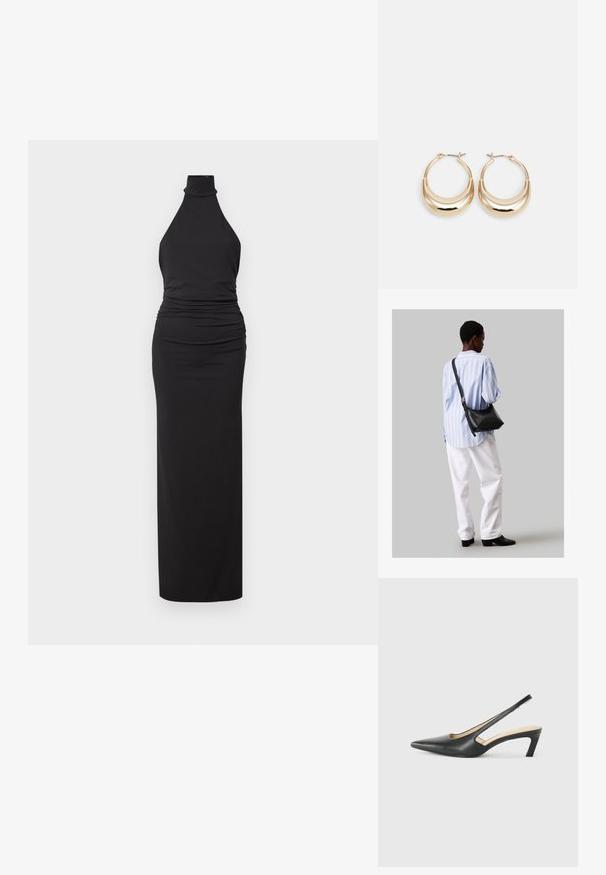 Černé šaty na krk z hladkého materiálu, s přiléhavým střihem a řasením v pase, doplněné dlouhou, rovnou sukní.; Černý špičatý slingback s nízkým podpatkem, vyrobený z hladké kůže, s výřezem na boku pro lepší prodyšnost.; Černá kožená kabelka přes rameno s jemnou texturou, trojúhelníkovým tvarem a nastavitelným popruhem, v kombinaci se světle modrou pruhovanou košilí a bílými kalhotami.; Náušnice ve tvaru kroužku zlaté barvy s půlměsícovým tvarem, lesklým povrchem a závěrečným uzávěrem. Hladká textura a reflexní povrch zvyšují viditelnost.