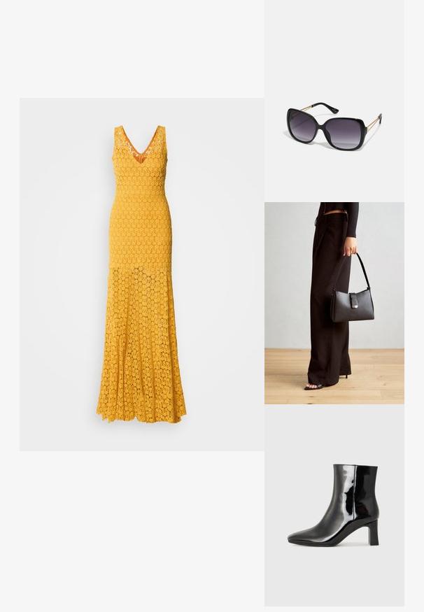 Žlté čipkované dlhé šaty s výstrihom do V, ktoré majú kvetinový vzor a textúrovanú tkaninu. Priliehavý korzet prechádza do rozšírenej sukne.; Čierne lakované členkové topánky s špicatou špičkou a stredne vysokým blokovým podpätkom. Hladká textúra a minimalistický dizajn.; Čierne oversized slnečné okuliare s gradientovými sklíčkami, hrubými rámami a zlatým retiazkovým detailom na stranách.; Čierna kabelka so štruktúrovaným tvarom, hladkou textúrou a kovovou sponou. V kombinácii so širokými čiernymi nohavicami a sandálmi s otvorenou špičkou na drevenej podlahe.