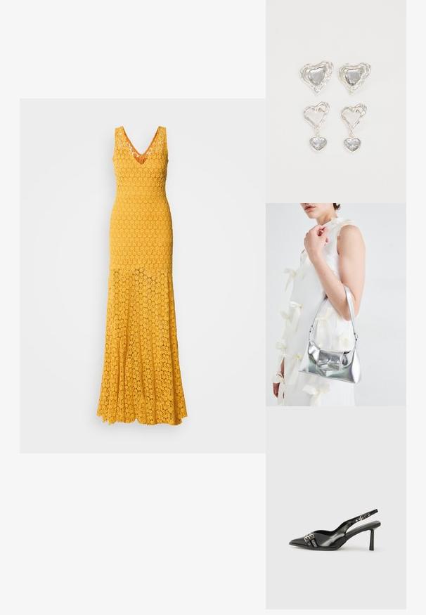Rumena čipkasta dolga obleka z V-izrezom, ki vsebuje cvetlični vzorec in teksturirano blago. Prilegajoč trup se preide v razširjen spodnji del.; Črne patentne usnjene sandale s koničastim nosom, zankami okoli gležnja s srebrnimi sponkami in opremo ter vitkimi petami.; Srebrna metalna torbica z oblikovano strukturo, ki ima zgornji ročaj in detajl v obliki mašne spredaj. Gladka tekstura, z odsevnimi površinami.; Srebrni uhani v obliki srca vsebujejo fasetirane prosojne kamne ter teksturiran okvir. Komplet vključuje stenske in viseče sloge.