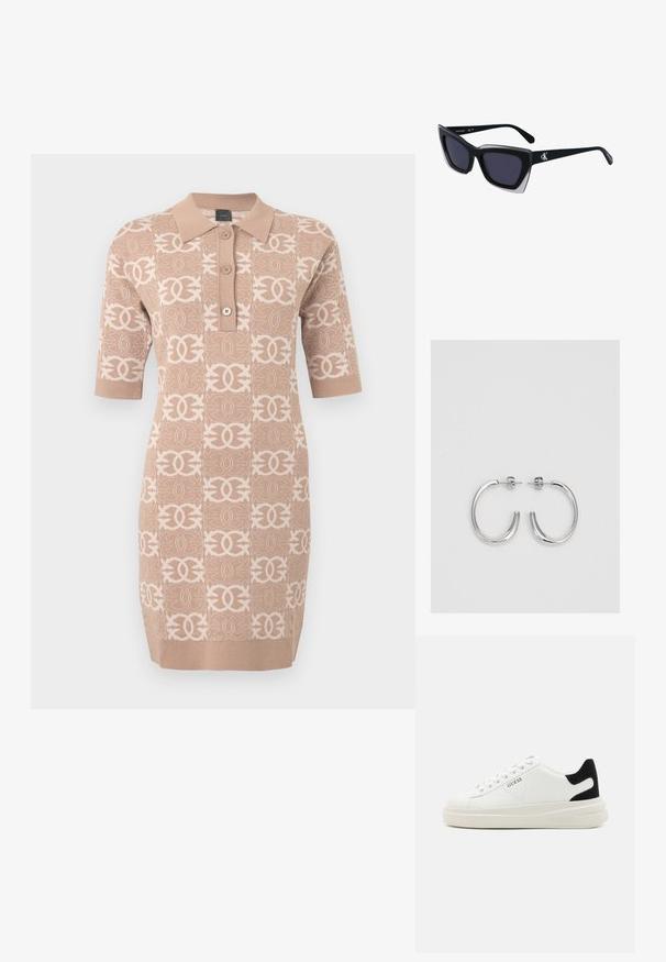 Beżowa dzianinowa sukienka z kołnierzykiem, krótkim rękawem i powtarzającym się wzorem logo w jaśniejszym odcieniu. Posiada trzy guziki z przodu.; Białe skórzane sneakersy z grubą białą podeszwą, czarnym zamszowym akcentem na pięcie oraz wytłoczonym logotypem z boku. Projekt z sznurówkami i sześcioma dziurkami.; Czarne, oversize okulary przeciwsłoneczne o geometrycznym kształcie, z ciemnymi soczewkami i kontrastującym szarym detalem na oprawie. Logo na ramieniu.; Srebrne kolczyki na biglu o gładkim, błyszczącym wykończeniu. O zaokrąglonym kształcie, lekkim designie, z zamknięciem na zatrzask.