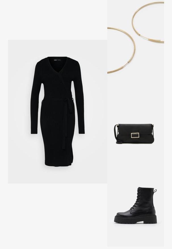 Črna rebrasta obleka z V-izrezom, dolgimi rokavi, zavitim dizajnom in zavezanimi pasom. Ima stranski razporek za dodaten poudarek.; Črne usnjene gležnjarje z okroglo konico, vezalnim sprednjim delom in debelim gumijastim podplatom z teksturiranim profilom. Zanka na hrbtni strani.; Črna usnjena torbica na preklop z zlato kovinsko zaponko. Vključuje črn trak in eleganten, minimalističen dizajn.; Zlate obroče ušesne uhane, tanke in krožne oblike, z gladko kovinsko površino brez okrasnih elementov ali vzorcev.