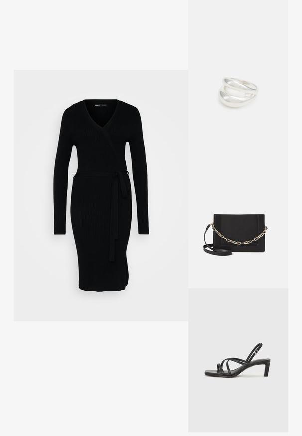 Juoda banguota suknelė su V formos iškirpte, ilgomis Rankovėmis, apvyniojimo dizainu ir surišta juosimi. Ji turi šoninį plyšį, kad suteiktų papildomą detalę.; Juodi šlepetės su kvadratiniu pirštu ir žemu bloku kulnu. Yra keli ploni dirželiai ir reguliuojamas kulkšnies diržas. Pagaminti iš lygios odos.; Juodas odinis per petį nešiojamas krepšys turi lygų paviršių, stačiakampio formą ir metalinę grandinėlę priekyje. Pridedama reguliuojama dirželis.; Sidabrinis dvigubas žiedas su lygiu, poliruotu paviršiumi. Pasižymi sklandžiu, kreiptu dizainu su persipinančiomis dalimis, suteikiančiomis modernų išvaizdą.