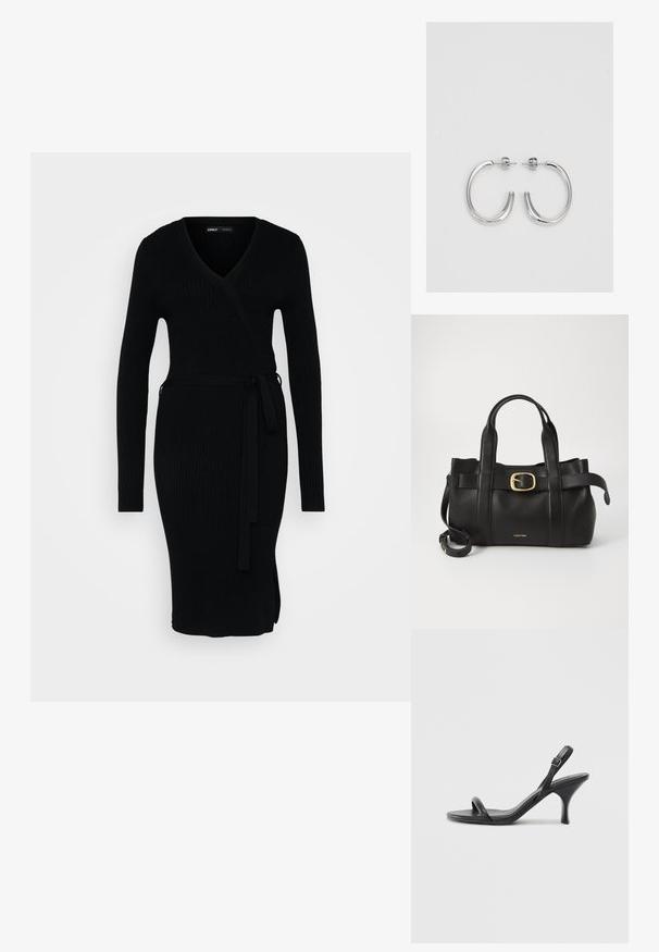Fekete bordázott ruha V-nyakkal, hosszú ujjakkal, batikolt dizájnnal és megkötős derékkal. Oldalsó hasítékkal rendelkezik, ami további részletességet ad.; Fekete bőrből készült, magassarkú szandál, vékony, ívelt sarokkal és keresztben átkötött pántokkal. Állítható bokapánt. Sima felület.; Fekete bőr kézitáska, amely strukturált kialakítással rendelkezik, dupla felső fogantyúval, arany tónusú csattal és a márka dombornyomott logójával az elején.; Ezüst karika fülbevalók sima, fényes felülettel. Lekerekített forma, könnyű kialakítással, tűs zárómechanizmussal.