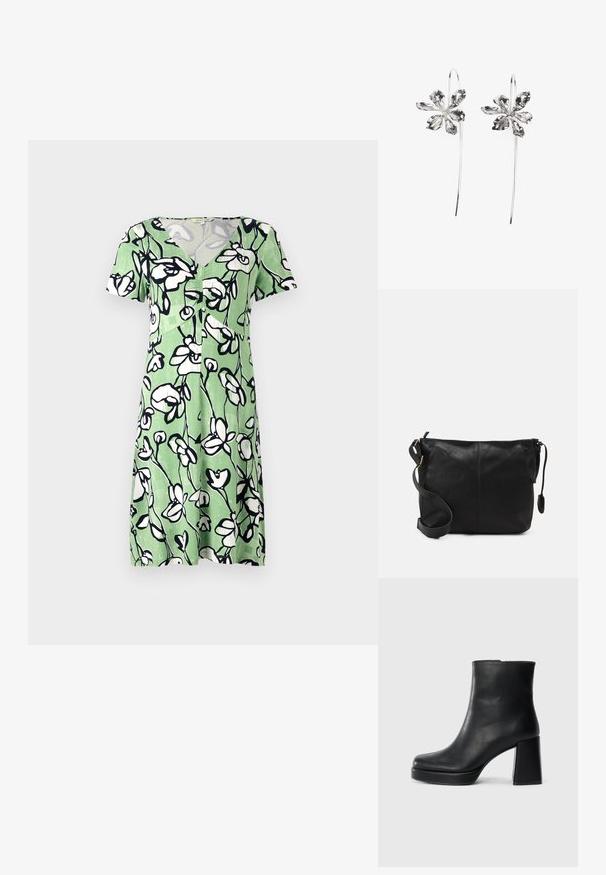 Vestido verde de manga curta com padrão floral branco, apresentando um decote em V e fecho com botões na frente. Feito de tecido leve e respirável.; Bota de couro preta até ao tornozelo com salto bloco e sola com plataforma, vista de lado sobre um fundo branco liso.; Mala de ombro em couro preto com forma plana, detalhes em metal dourado e alça ajustável. Textura suave com detalhes de costura mínimos.; Brincos em forma de flor prateados com um acabamento texturizado, apresentando ganchos longos e detalhes semelhantes a pétalas para um design intrincado.