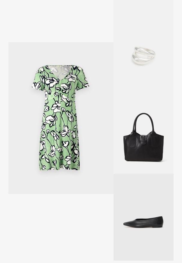 Kortärmad grön klänning med vitt blommönster, med v-ringning och knappstängning fram. Tillverkad av lätt och välventilerad tyg.; Svart läderballetflat, spetsig tå, minimalistisk design, slät textur, låg klack, ingen synlig hårdvara eller utsmyckningar.; Svart läder tote-väska med slät yta, strukturerad form, två handtag och en framträdande silverfärgad spänne på framsidan.; Silver ring med dubbel band och en slät, polerad yta. Har en flödande, böjd design med överlappande sektioner för en modern stil.