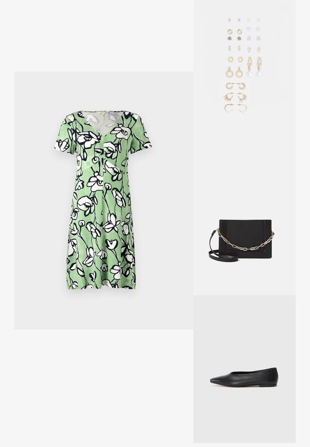 Rochie verde cu mânecă scurtă, cu un model floral alb, având decolteu în V și închidere cu nasturi în față. Fabricată dintr-un material ușor și respirabil.; Balerini din piele neagră, vârf ascuțit, design minimalist, textură netedă, toc de mică înălțime, fără hardware sau embellishments vizibile.; Geantă de umăr din piele neagră, cu o textură netedă, formă rectangulară și un detaliu din lanț metalic în față. Include curea reglabilă.; Set de cercei aurii, cu diverse designuri, inclusiv cercei tip stud, cercei hoop și cercei lungi cu perle și strassuri.