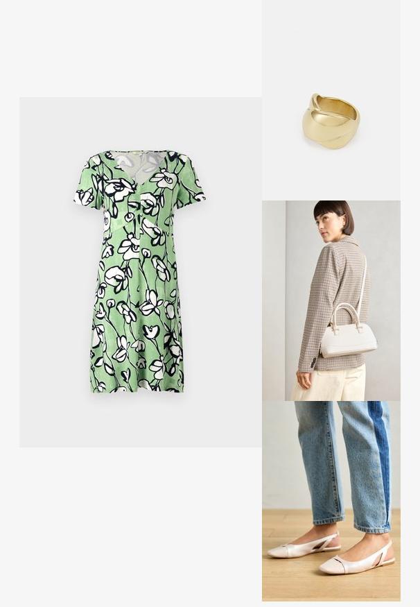 Zelena obleka s kratkimi rokavi in bež cvetličnim vzorcem, z obliko v-izreza in gumbnim zapiranjem spredaj. Narejena iz lahkega, zračnega materiala.; Svijetloružičaste slingback balerinke s šiljastim nožnim prstima, napravljene od glatkog materijala nalik koži. Imaju izrezane detalje sa strane i ravne pete.; Bela strukturirana torba z kratkimi ročaji in naramnim trakom, z zlatimi okrasnimi elementi in teksturiranim materialom, prikazana na sivi podlagi.; Zlato obarvan prstan z gladkim, zvitim dizajnom. Ima polirano površino in zaobljene robove, kar ustvarja brezšivno, tekočo obliko.