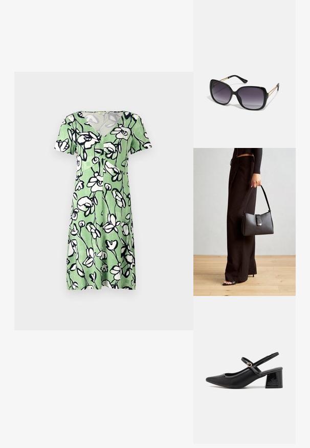Lühikeste varrukatega roheline kleit valgete lillemustriga, millel on V-kaelus ja nööpide kaudu kinnituv esiosa. Valmistatud kergest ja hingavast kangast.; Mustad läikivad nahast slingback-kõrged kontsad, millel on terav nina, ümar lõikekujundus ja blokknina. Omab kuldset nupu aktsenti.; Mustad ümarad päikeseglaasid, millel on gradient objektiivid, paksud raamid ja kuldse tooni kettaga kaunistused tempelitel.; Must musta kott, millel on struktureeritud kuju, sile tekstuur ja metallist klamber. Kombineeritud laiate mustade pükstega ja avatud varvaste sandaalidega puidust põrandal.