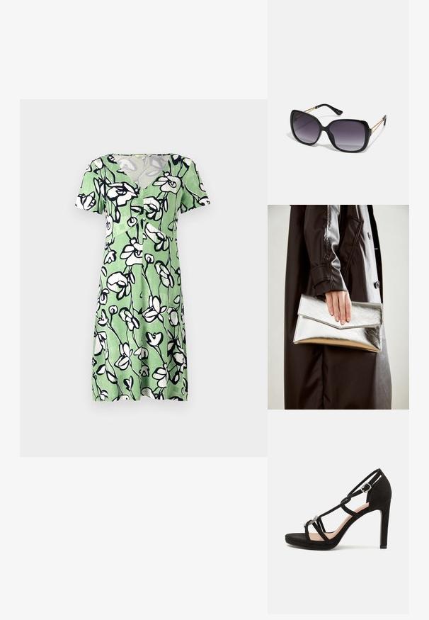Krótka zielona sukienka z białym wzorem kwiatowym, z dekoltem w kształcie litery V i zapinana na guziki z przodu. Wykonana z lekkiego, oddychającego materiału.; Czarne zamszowe sandały na wysokim obcasie z krzyżującymi się paskami, ozdobnym akcentem w kolorze srebrnym i platformą dla dodatkowej wysokości.; Czarne oversize okulary przeciwsłoneczne z gradientowymi soczewkami, grubymi oprawkami i złotym łańcuszkiem na ramionach.; Srebrna metaliczna kopertówka o kształcie kątowym, gładka w dotyku, z kontrastowym kolorem wewnątrz, trzymana w ręce noszącej czarny płaszcz.