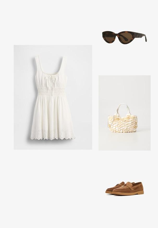 Rochie albă fără mâneci, cu decolteu pătrat, talie strânsă, detaliu cu panglică la bust și margine cu model de dantelă cu urechi.; Loaferi din sau de culoare maronie, cu talpă plată, având o fundiță decorativă și accente subtile de cusătură. Design cu vârf rotunjit.; Ochelari de soare tip cat-eye din material tartan, cu lentile maro, având rame din plastic neted și lucios și un design elegant. Fără logo-uri sau accente vizibile.; Geantă albă cu embellismente texturate în formă de cochilie, cu margini ondulate. Dispune de un mâner împletit și un breloc din lanț argintiu pentru versatilitate.