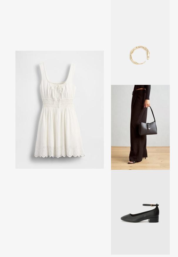 Valge ilma varrukateta kleit ruudukujulise kaelusega, kogutud vöökoht, lipsudetail rinnal ja kergelt laineline silmadega äärise muster.; Must mustaapp, millel on terav nina ja madal blokk-kand. Omab pahkluu rihma koos kuldse tooni pandlaga. Sile tekstuur.; Must musta kott, millel on struktureeritud kuju, sile tekstuur ja metallist klamber. Kombineeritud laiate mustade pükstega ja avatud varvaste sandaalidega puidust põrandal.; Kuldtoonis sõrmus, millel on orgaaniline, keerdunud disain sileda tekstuuri ja kitsenevate otstega, luues kaasaegse skulptuurilise välimuse.