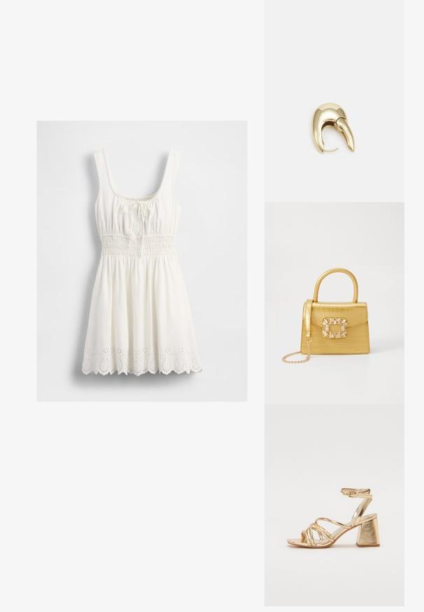 Bela brezrokavna obleka s kvadratnim izrezom, nabrano pasom, zavezanjem na prsih in valovitim vzorcem na spodnjem robu.; Zlate kovinske sandale s peto, ki imajo zapleteno zasnovo, kvadratno blok peto in nastavljiv gležnjski trak z zaponko. Gladka tekstura.; Rumeno usnjeno-usnje z vzorcem krokodila, s strukturiranim dizajnom, zgornjo ročajem, snemljivo verižico in dekorativnim kristalnim okrasjem na zaponki.; Uhane nakit iz zlatastega tona z gladko, ukrivljeno zasnovo. Ima edinstveno koničasto obliko, polirano površino in zaponko s tečajem.