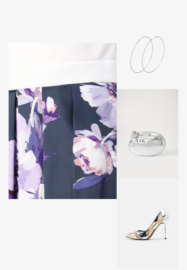 Spódnica w kwiaty z usztywnionym białym pasem. Materiał ma wielokolorowe wzory kwiatowe na ciemnym tle, z plisowanymi detalami.; Czółenka na wysokim obcasie z wąskim noskiem w kolorze srebrnym, złotym i nude. Lśniące wykończenie z wycięciami, z obcasem w stylu stiletto.; Srebrna metaliczna torba worek o miękkim, zaokrąglonym kształcie i zawiązywanym z góry zapięciem. Wykonana z gładkiego materiału imitującego skórę.; Srebrne kolczyki w formie obręczy o minimalistycznym designie. Okrągły kształt, gładka faktura i cienki profil. Lekkie, z polerowanym wykończeniem.