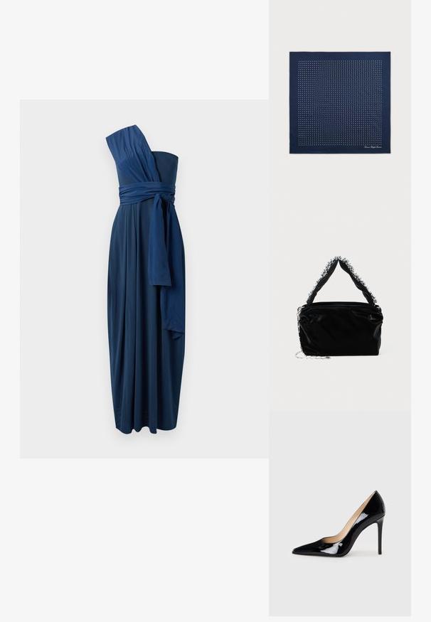 Vestido longo, sem mangas, azul marinho, com um design de um ombro, faixa na cintura atada e tecido fluido. Textura suave, drapeado elegante.; Sabrinas de salto alto em couro envernizado preto com um design de bico fino e uma silhueta elegante. Apresenta um acabamento suave e brilhante, além de um salto fino e esguio.; Lenço quadrado em seda azul-marinho com padrão de bolinhas brancas dispostas em grade; inclui logótipo no canto inferior direito.; Bolsa de mão em pele sintética preta com acabamento texturizado, apresentando um detalhe de contas prateadas ao longo da alça superior e uma alça de corrente.