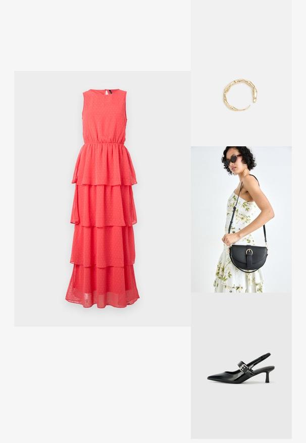 Coral sleeveless dress with layered ruffles, elastic waist, round neckline, and subtle dot pattern. Made from lightweight, sheer fabric.; Black patent leather slingback heels with a pointed toe and a small block heel, featuring a silver buckle accent on the strap.; Black leather handbag with a curved shape, detachable strap, and gold hardware. The bag features a flap with a buckle detail.; Gold-tone ring featuring an organic, twisted design with smooth texture and tapered ends, creating a modern, sculptural appearance.