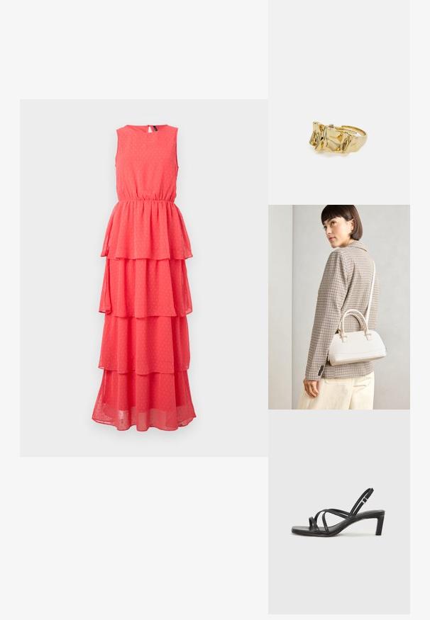 Coral sleeveless dress with layered ruffles, elastic waist, round neckline, and subtle dot pattern. Made from lightweight, sheer fabric.; Black strappy sandal with a square toe and a low block heel. Features multiple thin straps and an adjustable ankle strap. Made of smooth leather.; White structured handbag with short handles and a shoulder strap, featuring gold hardware accents and textured material, displayed against a grey background.; Gold ring with textured, wavy design featuring three prominent peaks. Smooth, shiny surface with an open band for adjustable fit.