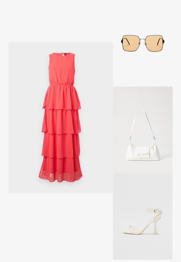 Koronkowa sukienka bez rękawów w kolorze koralowym z warstwami falbanek, elastycznym pasem, okrągłym dekoltem i subtelnym wzorem w kropki. Wykonana z lekkiego, przezroczystego materiału.; Białe skórzane sandały na wysokim obcasie z paskami, o smukłym wyglądzie, z przezroczystym słupkiem i ozdobnym elementem na palcach.; Kwadratowe okulary przeciwsłoneczne z brązowymi soczewkami i cienką, czarną metalową oprawą. Posiadają skośne zauszniki i regulowane noski dla większego komfortu.; Biała syntetyczna torba o trójkątnym kształcie, płaskim przednim klapce i detalach w postaci kokardy, regulowanym pasku, gładkiej fakturze oraz minimalistycznym designie.