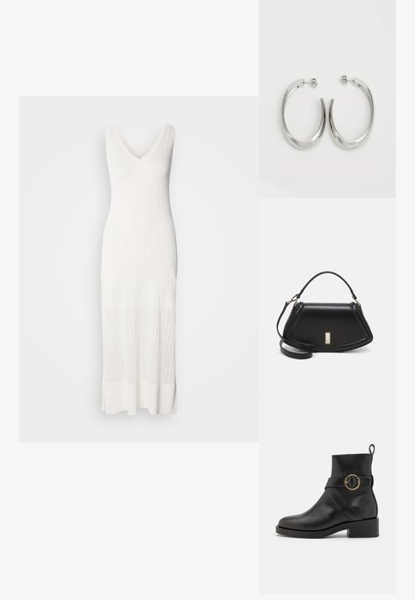 Weißes ärmelloses Strickkleid mit V-Ausschnitt, geripptem Muster und einer Länge unterhalb des Knies mit einem gemusterten unteren Abschnitt.; BOSS IRYNA BOOTIE - Plateaustiefelette - black; Schwarze Lederhandtasche mit einem strukturierten Design, das eine verkürzte Form, einen oberen Griff und goldfarbene Hardware-Details aufweist. Verstellbarer Schulterriemen ist enthalten.; Silberne Creolen mit einem glatten, geschwungenen Design. Mit einem glänzenden metallischen Finish und Steckverschluss. Keine sichtbaren Muster oder Akzente.