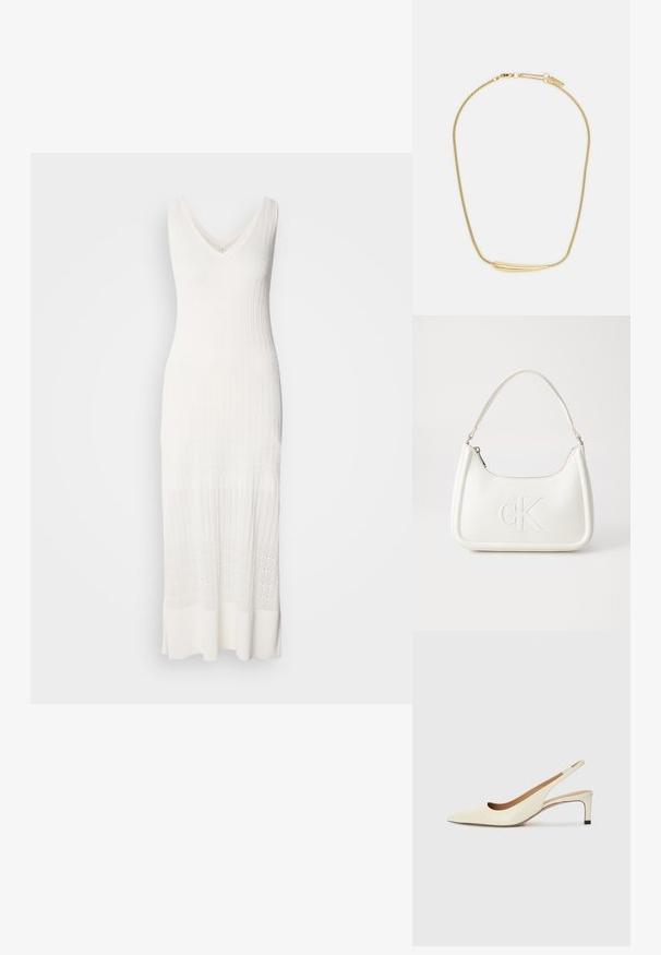 Fehér, ujjatlan kötött ruha V-nyakkal, bordás textúrával és térd alá érő hosszal, amelynek alsó része mintás.; Fűzött orrú, elöl nyitott sarkú cipő, off-white bőrből készült, alacsony sarkú, kivágott dizájnnal, sima textúrával és minimalista kiegészítőkkel.; Fehér bőrtáska ívelt formájú, elöl feltűnő "CK" logóval, egyetlen vállpánttal. Cipzáras zárás a tetején.; Aranyozott nyaklánc sima, ívelt középső díszítéssel. Rugalmas lánccal rendelkezik, homárzárral és további állítható láncszemekkel.