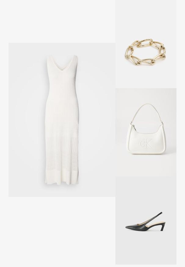 Robe tricotée sans manches blanche avec un décolleté en V, texture côtelée et longueur en dessous du genou, ornée d'une section inférieure à motifs.; Slingback noir à bout pointu avec un petit talon, en cuir lisse et doté d'un design découpé sur le côté pour plus de respirabilité.; Sac à main en cuir blanc avec une forme courbée, arborant un logo "CK" embossé à l'avant et une seule bandoulière. Fermeture à glissière en haut.; Bracelet doré avec des maillons allongés entrelacés, ayant une texture lisse et brillante. Chaque maillon possède une forme ovale distincte.