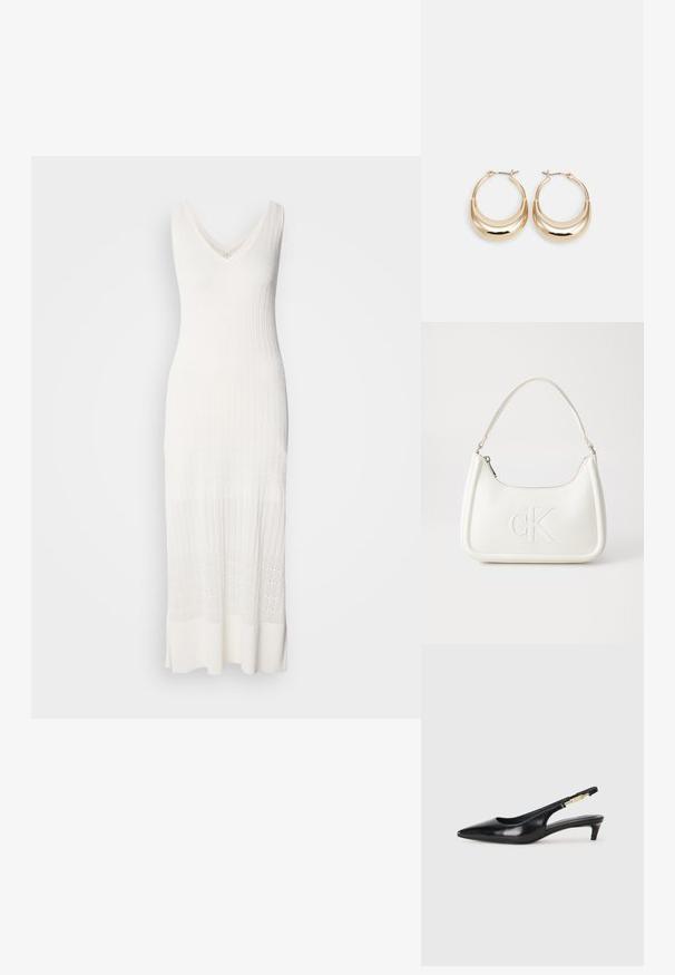 Abito bianco senza maniche in maglia, con scollatura a V, texture a costine e lunghezza sotto il ginocchio, caratterizzato da una sezione inferiore con un motivo.; Tacchi slingback in pelle nera con punta affusolata, caratterizzati da un tacco alto e un accento dorato sulla cinghia regolabile. Texture liscia.; Borsa a tracolla in pelle bianca con forma curva, dotata di un logo "CK" impresso sul davanti e una singola tracolla. Chiusura a zip nella parte superiore.; Orecchini a cerchio tonalità oro con forma a mezzaluna, superficie lucidata e chiusura a cerniera. La texture liscia e la finitura riflettente migliorano la visibilità.