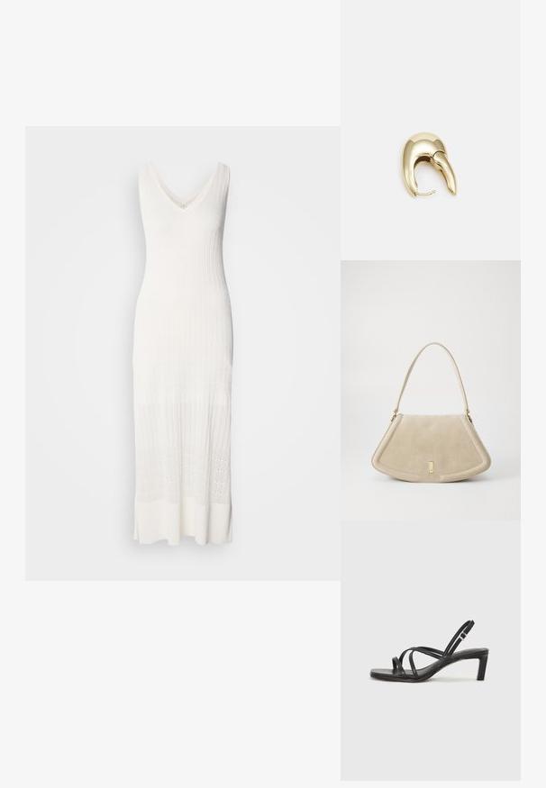 Weißes ärmelloses Strickkleid mit V-Ausschnitt, geripptem Muster und einer Länge unterhalb des Knies mit einem gemusterten unteren Abschnitt.; Schwarze Sandale mit Riemchen, quadratischer Zehenform und niedrigem Blockabsatz. Verfügt über mehrere dünne Riemen und einen verstellbaren Knöchelriemen. Hergestellt aus glattem Leder.; Beige Wildleder-Handtasche mit einer abgerundeten dreieckigen Form, einem einzelnen Riemen und einem goldfarbenen Hardware-Detail auf der Vorderseite.; Ohrringe aus goldfarbenem Metall mit einem schlanken, geschwungenen Design. Sie verfügen über eine markante, spitze Form, eine polierte Oberfläche und einen Scharnierverschluss.