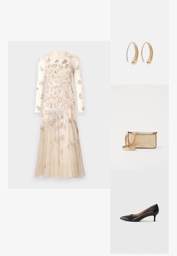 Needle & Thread PAPILLON ANKLE GOWN - Ballkleid - parchment; Schwarzer Lederpumps mit spitzem Zehenbereich, niedrigem Absatz und glatter Textur. Verfügt über eine leichte Öffnung an der Vorderseite und minimale Beschläge an der Rückseite.; Metallisch goldene Leder-Clutch mit strukturierter Oberfläche, ausgestattet mit einem goldenen Kettenriemen und einem abnehmbaren Schulterriemen. Markenlogo geprägt.; Goldfarbene Metall-Hoops mit einer geschwungenen, länglichen Form. Sie verfügen über eine glatte, glänzende Oberfläche und eine abgerundete Spitze für zusätzliche Details.