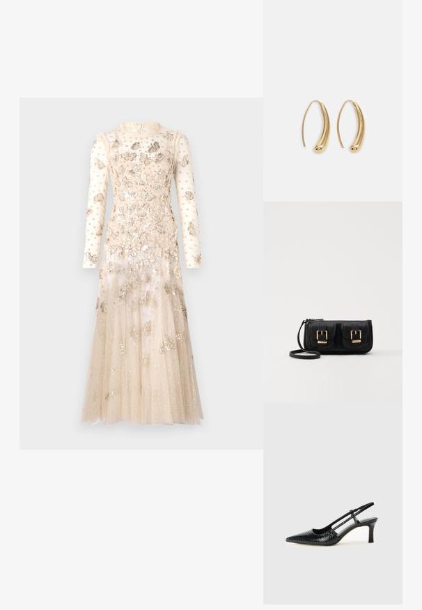 Needle & Thread PAPILLON ANKLE GOWN - Svečana odjeća - parchment; Crne lakirane slingback pete s oštrim vrhom, s teksturiranim uzorkom zmijske kože, podesivom remenom i kratkom, teksturiranom blok-petom.; Crna kožna torba preko ramena s dva prednja džepa, zlatnim kopčama, zatvaranjem na zip i uskim remenom. Teksturirana površina i kompaktan pravokutan oblik.; Zlatne metalne naušnice u obliku obruča s zakrivljenim, izduženim oblikom. Imaju glatku, sjajnu površinu i zaobljeni vrh za dodatni detalj.