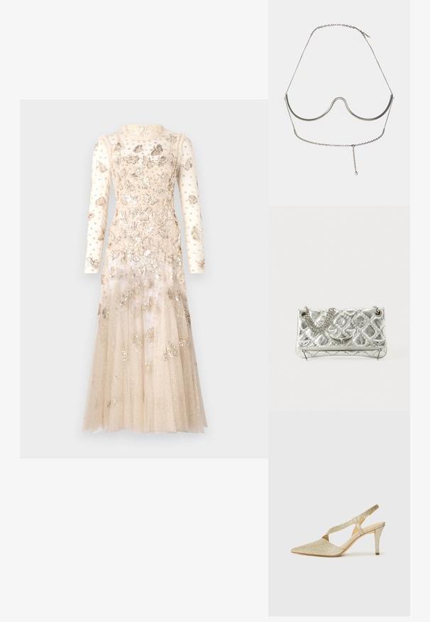 Needle & Thread PAPILLON ANKLE GOWN - Robe de cocktail - parchment; Pompe à talon slingback en or scintillant avec un bout pointu, une fine bride de cheville et un talon élancé. La surface présente une finition métallique texturée.; Sac à main en métal argenté avec une poignée en chaîne, texture matelassée, couture décorative et fermeture éclair. Présente des accents embossés sur le devant.; Cult Gaia ASHA BODY JEWELRY - Autres accessoires - bright shiny silver-coloured